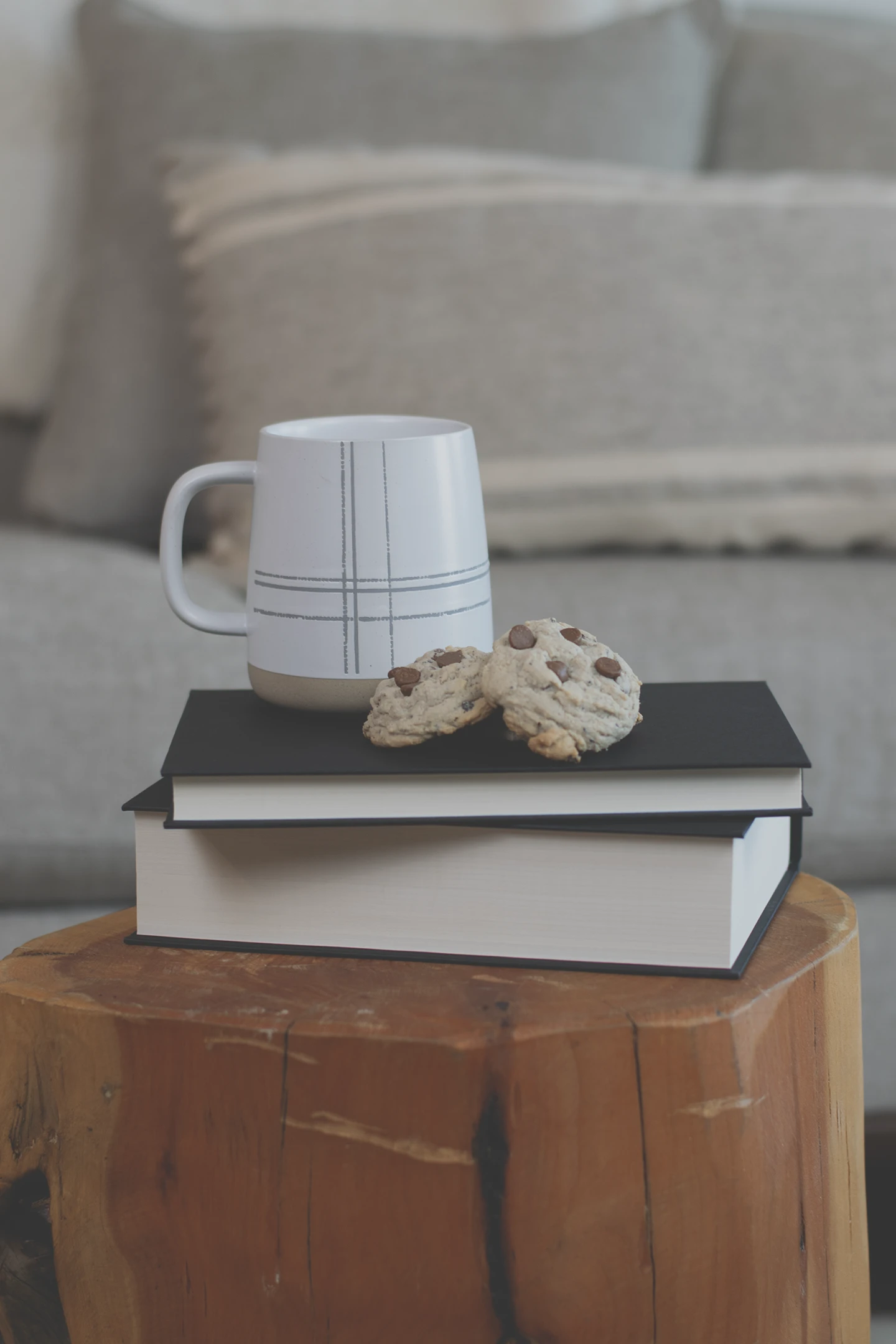 Aesthetic mug and oreos and cream cookies on a stack of books